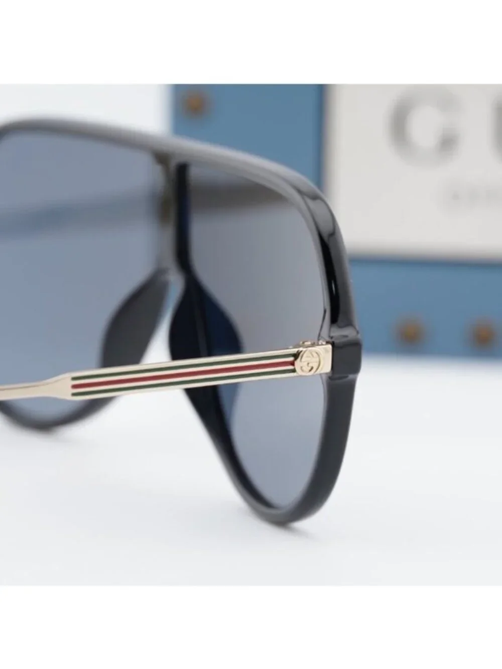 Gucci GG0199S 001 Shield Sunglasses - Shiny Black/Gold/Grey